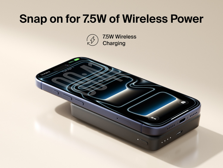 Belkin BoostCharge Slim Magnetic Power Bank 10K magnetically attached to a smartphone delivering 7.5W wireless charging in a slim portable design