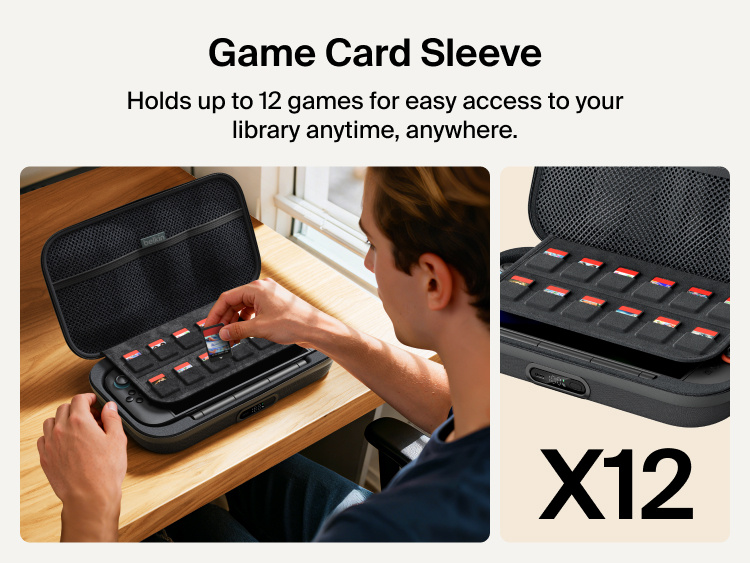 Belkin Gaming Charging Case Pro for Nintendo Switch 2 shown with integrated game card sleeve holding up to 12 cartridges for organized portable storage.