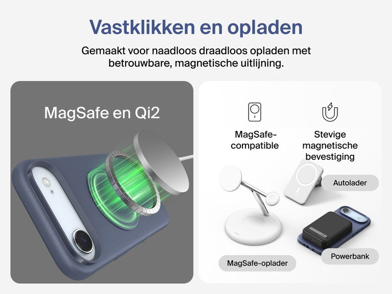 Belkin ScreenForce Protect-hoesje voor de iPhone 17, met opstaande randen ter bescherming van het scherm en de camera en dat gemaakt is ter ondersteuning van naadloos magnetisch draadloos opladen.