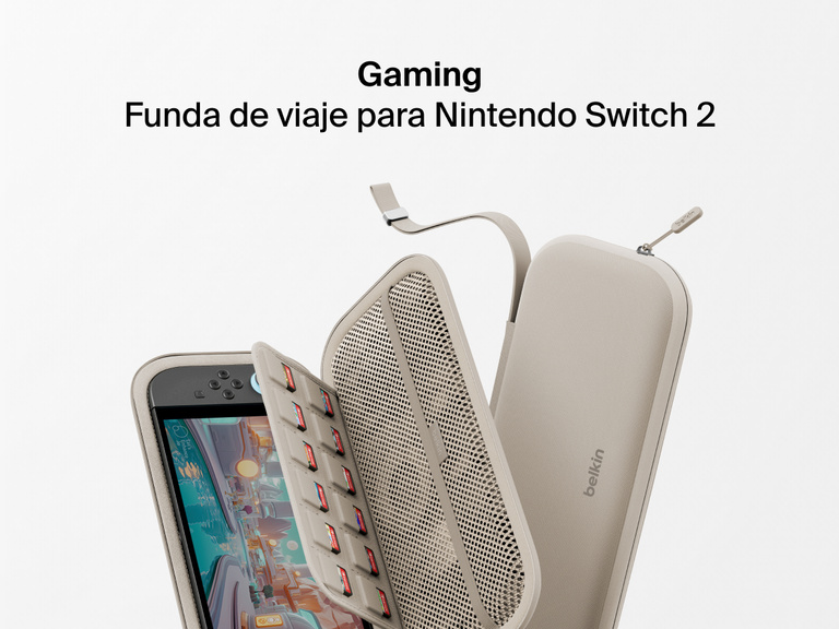 Exploded view of the Belkin Gaming Travel Case for Nintendo Switch 2, featuring compartments for game cards, mesh storage, and durable zippered protection.