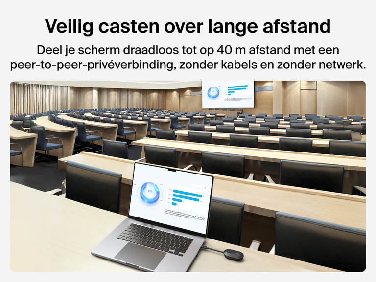 Afbeelding van de Belkin ConnectAir draadloze HDMI-adapter waarop veilig casten over lange afstand wordt getoond in een grote collegezaal met een laptop die het beeld naar een scherm op grote afstand zendt.