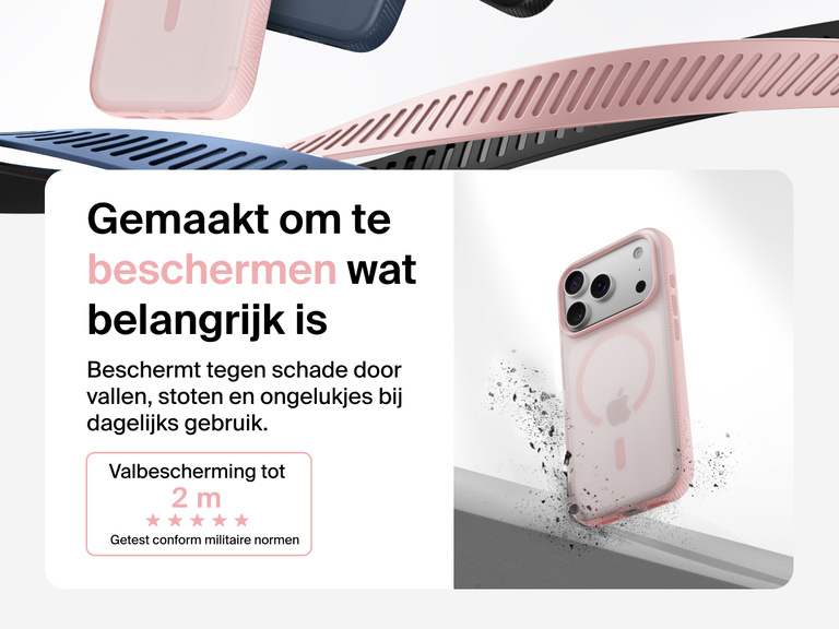 Belkin SheerForce Grip Series Case for iPhone 17 shown with textured grip and impact protection against drops.