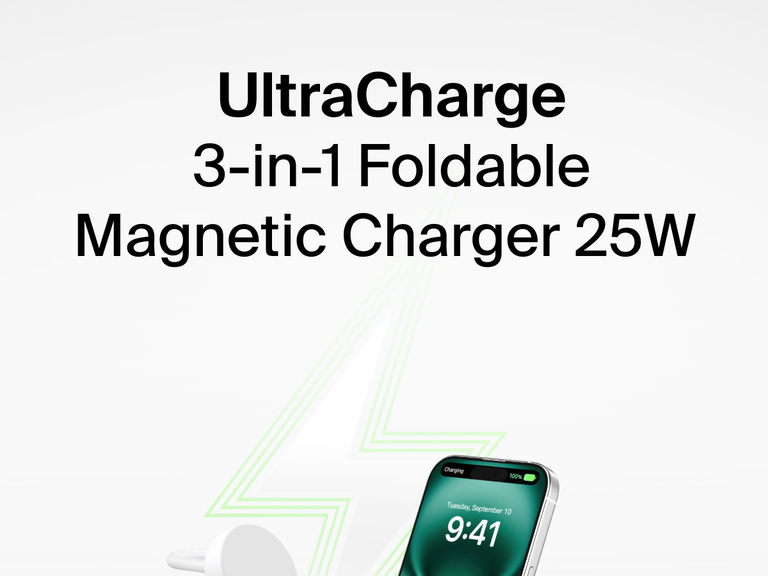 Belkin UltraCharge 3-in-1 Foldable Magnetic Charger with Qi2 25W shown charging an iPhone, with a green lightning bolt graphic in the background.