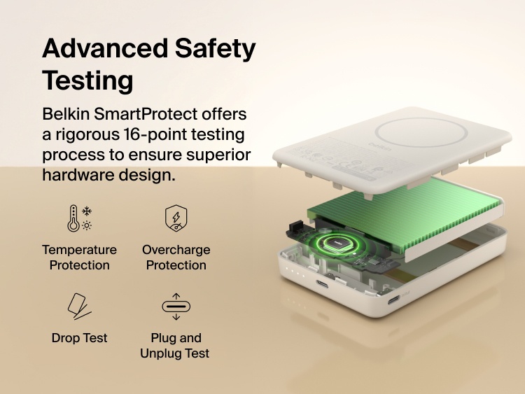 Belkin BoostCharge Slim Magnetic Power Bank 10K internal component view highlighting SmartProtect 16-point safety testing with temperature, overcharge, drop, and plug/unplug protection