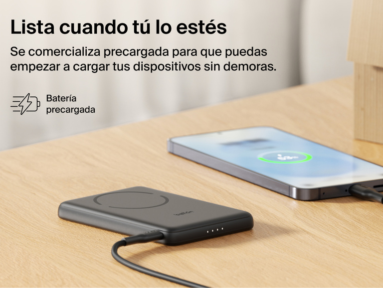 Belkin BoostCharge Slim Magnetic Power Bank 5K with Qi2 shown precharged and ready to deliver fast, portable wired or magnetic wireless charging straight out of the box.