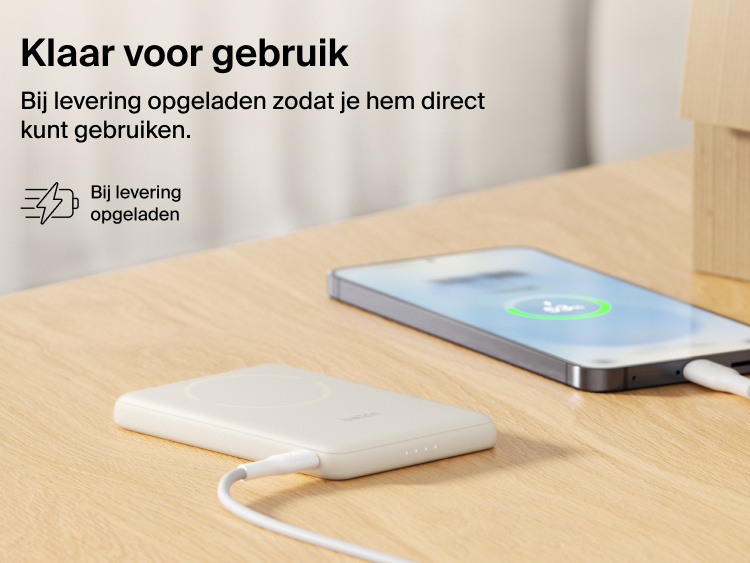 Belkin BoostCharge Slim Magnetic Power Bank 5K with Qi2 shown precharged and ready to deliver fast, portable wired or magnetic wireless charging straight out of the box.