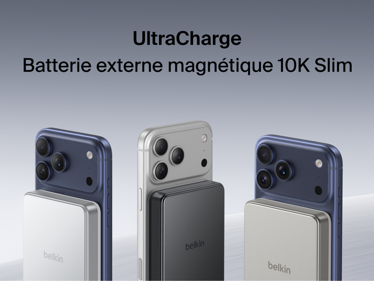 Belkin UltraCharge Slim Magnetic Power Bank 10K attached to smartphones showcasing compact magnetic wireless charging and portable battery design