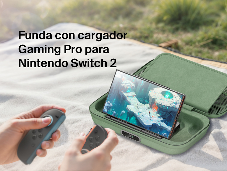 Belkin Gaming Charging Case Pro for Nintendo Switch 2 shown powering the console during outdoor gameplay with built-in charging and protective travel design.