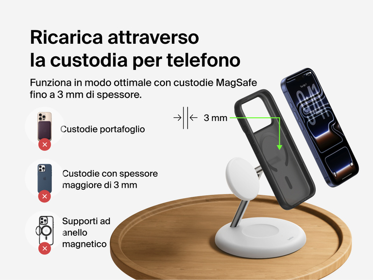 Belkin UltraCharge 3-in-1 Wireless Charging Stand with Qi2 25W demonstrating magnetic charging through MagSafe-compatible phone case up to 3mm thickness with compatibility guidelines shown