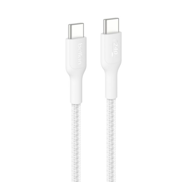 White braided USB-C to USB-C charging cable with reinforced connectors, labeled for 240W power delivery.