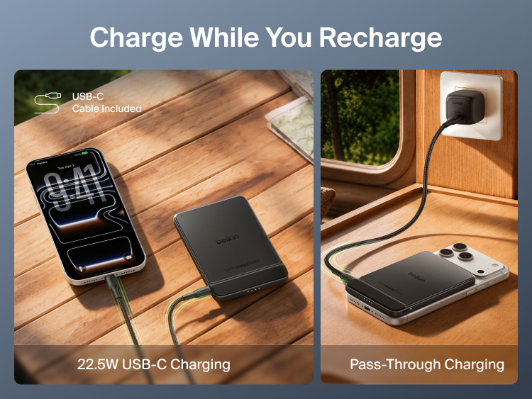 Belkin UltraCharge Pro Slim Magnetic Power Bank 5K with BoostSolid Cell demonstrating 22.5W USB-C charging and pass-through charging with a smartphone.