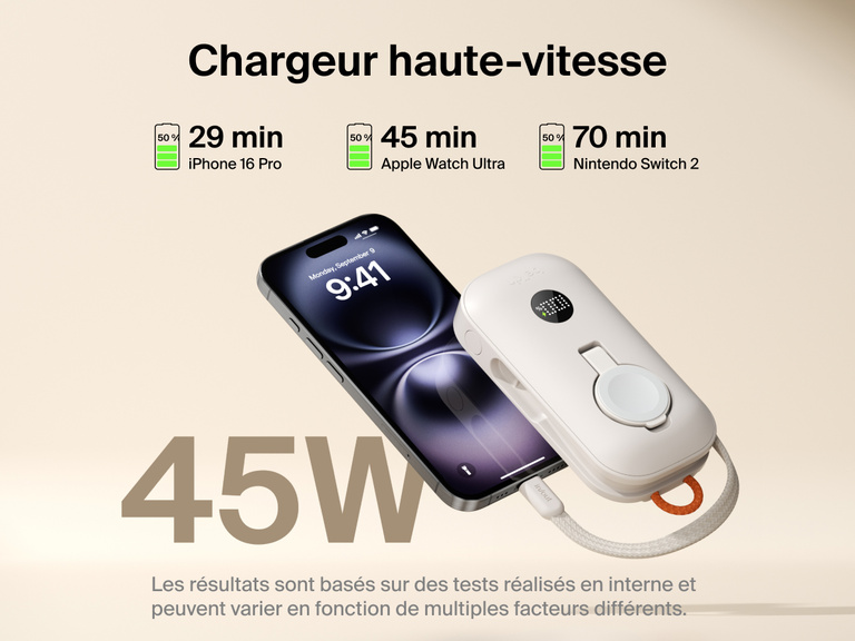 Image de la batterie externe 10K Belkin BoostCharge&nbsp;Pro avec module de recharge pour Apple&nbsp;Watch offrant une recharge rapide de 45&nbsp;W &agrave; un iPhone&nbsp;16&nbsp;Pro, Apple&nbsp;Watch&nbsp;Ultra et Nintendo&nbsp;Switch&nbsp;2.