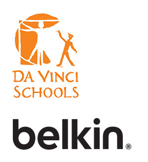 Logo featuring the orange Da Vinci Schools emblem with a Vitruvian Man-inspired figure and a modern student silhouette, above the black Belkin logo.