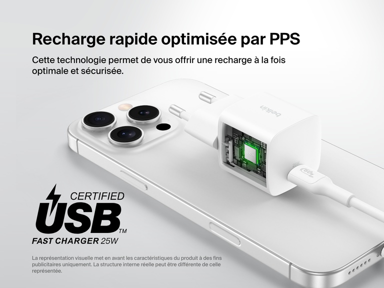 Belkin BoostCharge USB-C Wall Charger 25W shown with a visual cutaway highlighting PPS optimized fast charging for enhanced safety and efficiency.