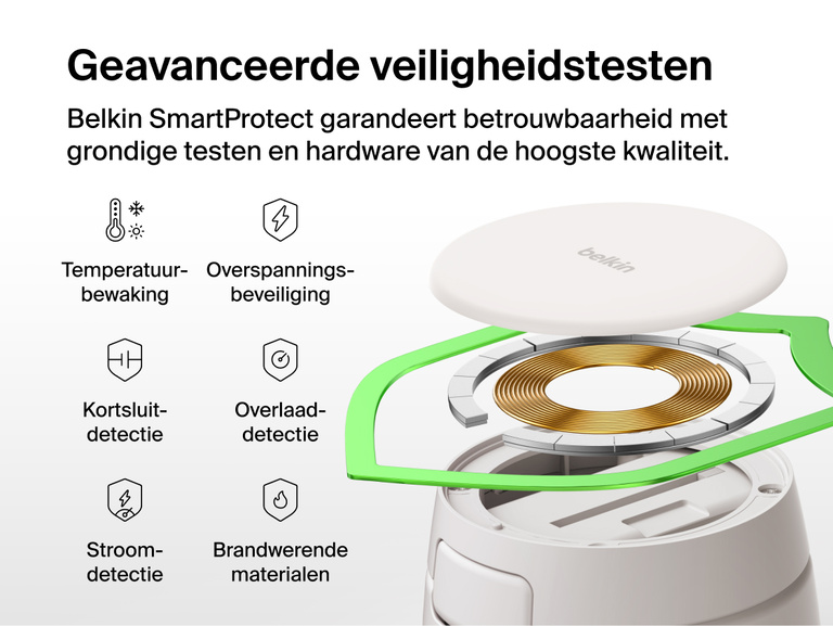 De Belkin UltraCharge Pro 2-in-1 verstelbare magnetische lader met Qi2 25W en Belkin SmartProtect biedt veiligheidsfuncties als temperatuurbewaking, overspanningsbeveiliging en beveiliging tegen kortsluiting en overladen en is gemaakt met brandwerende materialen.