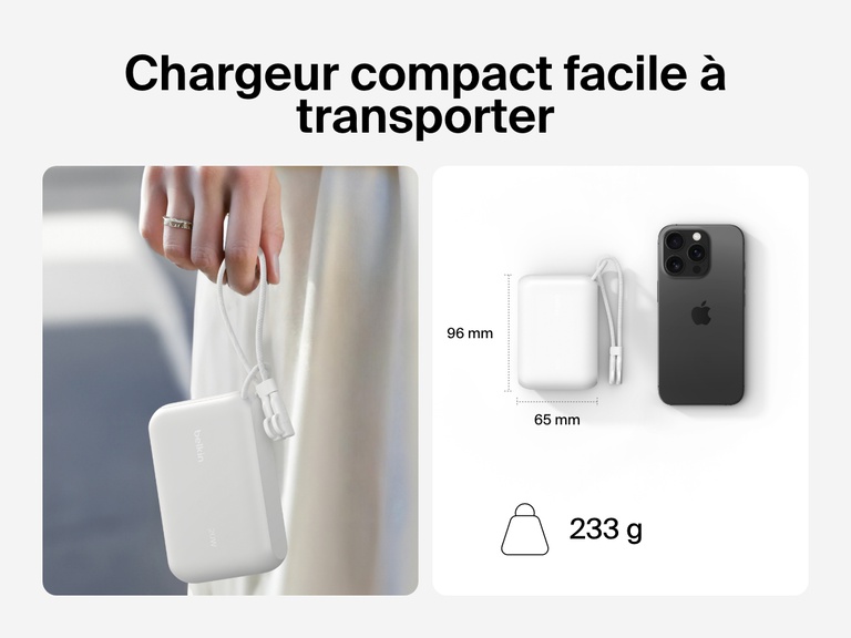 Image d'une batterie externe 10K Belkin BoostCharge avec écran intégré tenue dans une main se trouvant à côté d'un smartphone pour mettre en avant son design compact et portable avec des dimensions de 9,6 cm x 6,5 cm et un poids de 233 g.