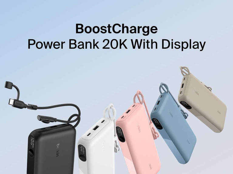 Belkin BoostCharge Power Bank 20K with Display shown in black, white, pink, blue, and sand colors, featuring dual ports, built-in USB-C cable, and an LED display for battery level monitoring.