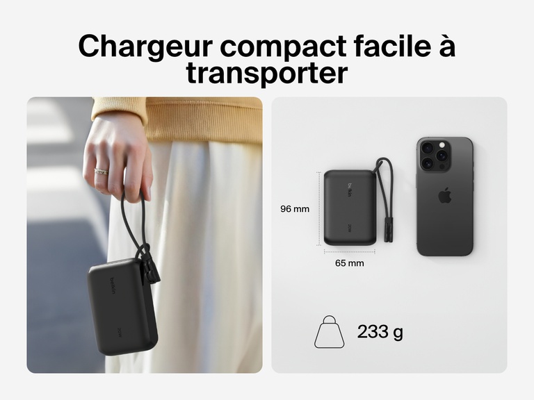 Image d'une batterie externe 10K Belkin BoostCharge avec écran intégré tenue dans une main se trouvant à côté d'un smartphone pour mettre en avant son design compact et portable avec des dimensions de 9,6 cm x 6,5 cm et un poids de 233 g.
