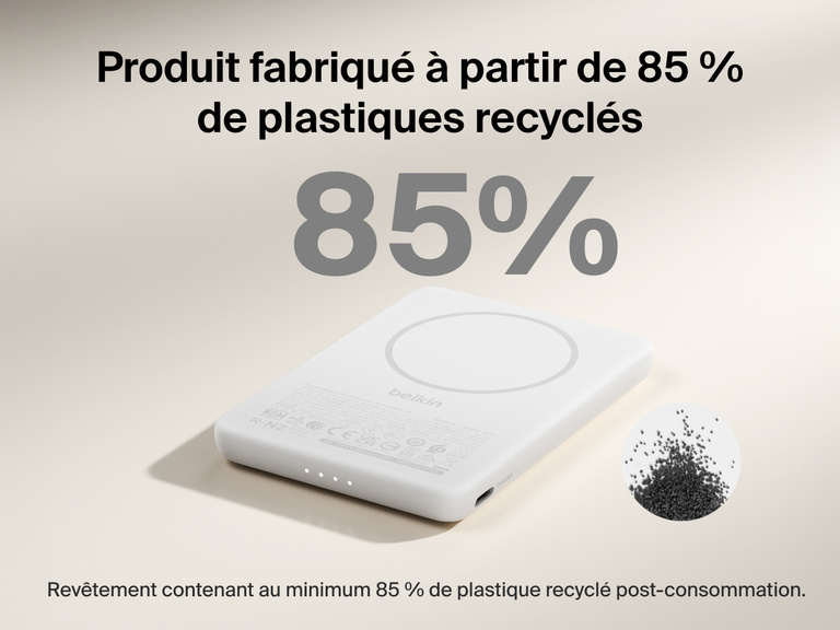 Belkin BoostCharge Slim Magnetic Power Bank 5K shown with text highlighting that its housing is made from 85% post-consumer recycled plastic for sustainable design.