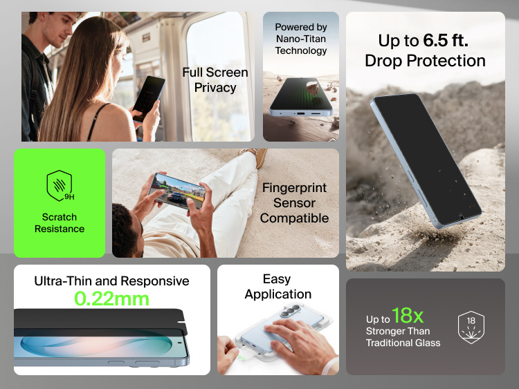 Belkin ScreenForce Titan SmartShield Privacy Filter Screen Protector for Samsung Galaxy S26 highlighting full-screen privacy, fingerprint sensor compatibility, 9H scratch resistance, up to 6.5 ft drop protection, ultra-thin 0.22 mm design, and easy application powered by Nano-Titan technology.