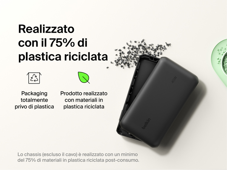 Belkin UltraCharge 20K 45W power bank with integrated cable made with recycled materials and plastic-free packaging for a more sustainable charging solution