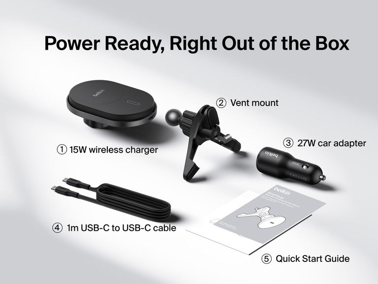 Belkin UltraCharge Magnetic Wireless Charging Car Vent Mount with Qi2.2 25W package contents include wireless charger, vent mount, 36W car power adapter, 5-foot USB-C cable and quick start guide.