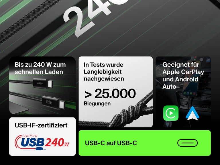 Infografik, in der das Belkin BoostCharge USB C auf USB C Kabel, 240 W, gezeigt wird, das Schnellladen mit bis zu 240 W ermöglicht, mehr als 25.000 Biegungen standhält, sich für Apple CarPlay und Android Auto eignet und über eine USB-IF-Zertifizierung verfügt.