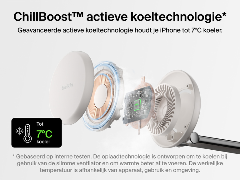 Het Belkin UltraCharge Pro 3-in-1 magnetische laadstation met Qi2 25W maakt gebruik van ChillBoost™ actieve koeltechnologie om je iPhone tot 7°C koeler te houden tijdens snel draadloos opladen.