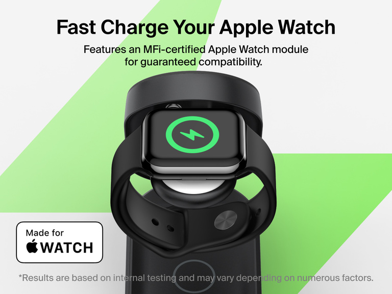 Belkin UltraCharge 3-in-1 Foldable Magnetic Charger with Qi2 25W fast charges Apple Watch Series 10 to 80% in 30 minutes using an MFi-certified charging module.