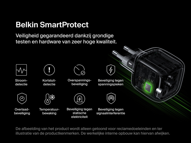 Belkin BoostCharge 2-poorts USB-C GaN-wandlader van 50 W met SmartProtect-technologie die zorgt voor stroomdetectie, kortsluitbeveiliging, overspanningsbeveiliging, overlaadbeveiliging, temperatuurbewaking en beveiliging tegen elektrostatische ontlading (ESD) ten behoeve van veilig opladen.