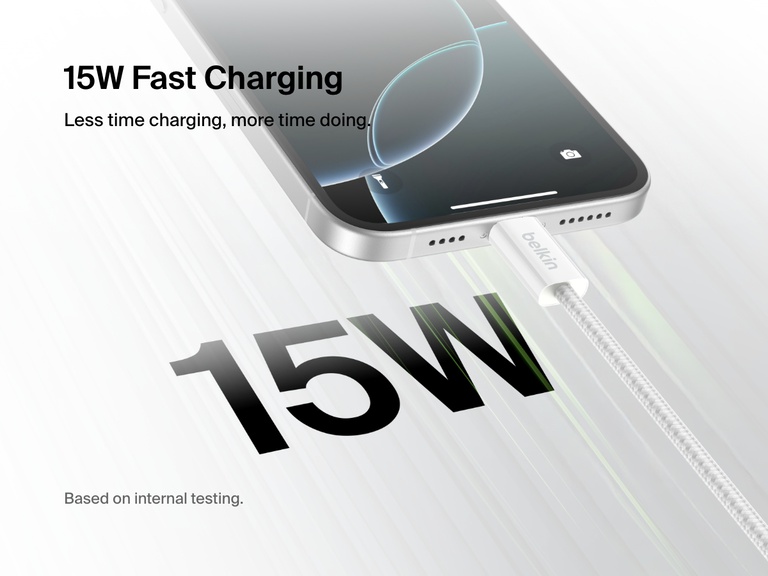 Close-up image of the Belkin BoostCharge USB-A to USB-C Cable 15W fast charging a smartphone, emphasizing its efficient 15W power delivery for quicker charging times.