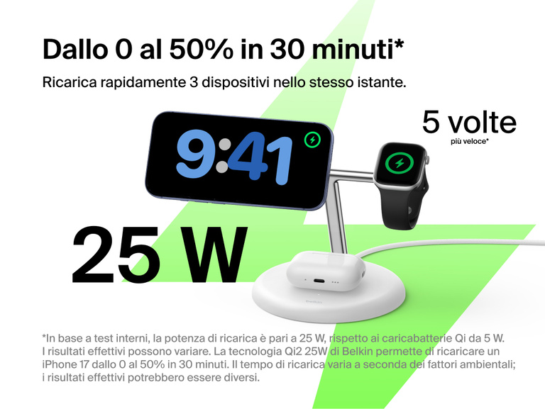 Belkin UltraCharge 3-in-1 Wireless Charging Stand with Qi2 25W charging iPhone, Apple Watch, and AirPods simultaneously on a compact vertical dock