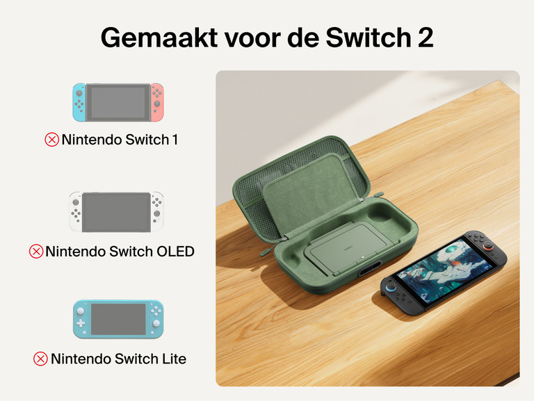 Belkin Gaming Charging Case Pro for Nintendo Switch 2 shown with custom-fit interior and compatibility notice indicating it is designed exclusively for Switch 2, not Switch, Switch OLED, or Switch Lite.