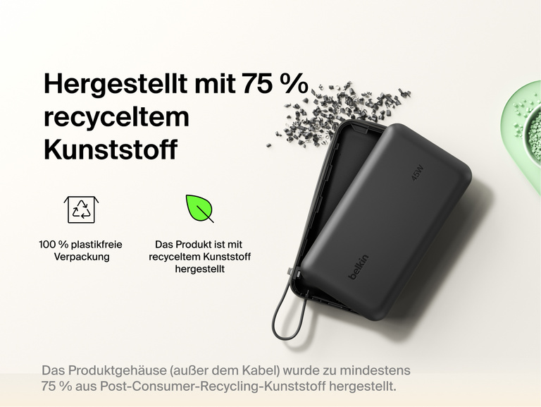 Belkin UltraCharge 20K 45W power bank with integrated cable made with recycled materials and plastic-free packaging for a more sustainable charging solution