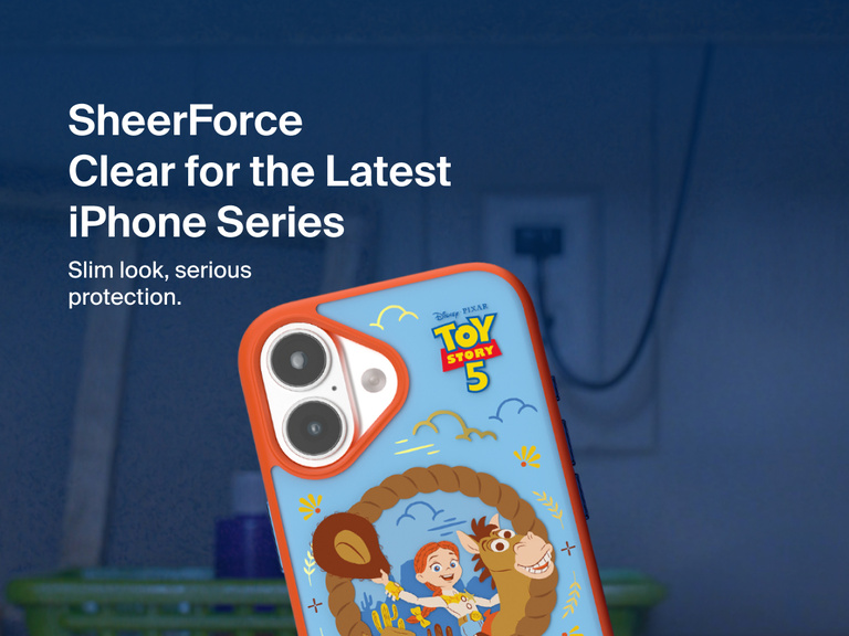 Belkin SheerForce Toy Story 5 Magnetic Protective Case with Kickstand for iPhone featuring clear impact-resistant protection, integrated kickstand, and character artwork.
