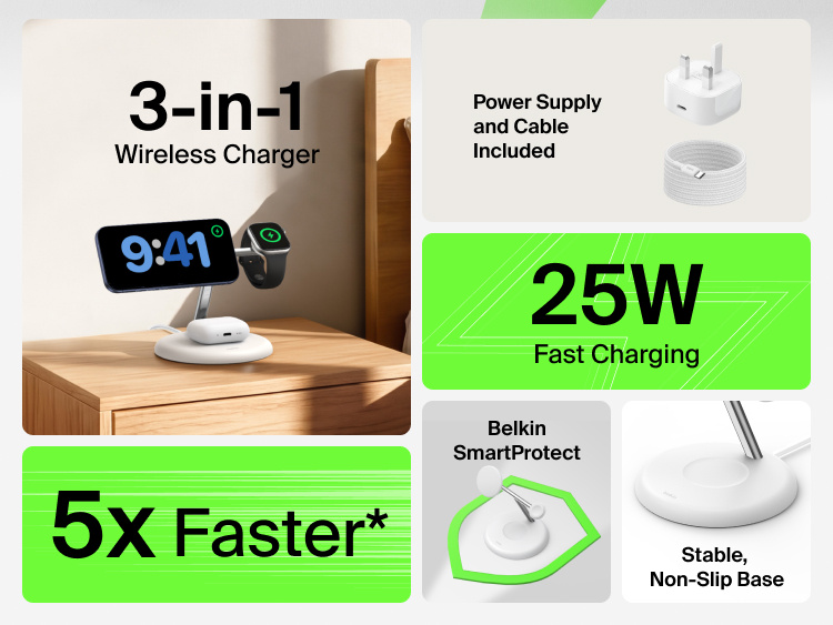 Belkin UltraCharge 3-in-1 Wireless Charging Stand with Qi2 25W showcasing compact design with integrated Apple Watch charger and earbuds dock