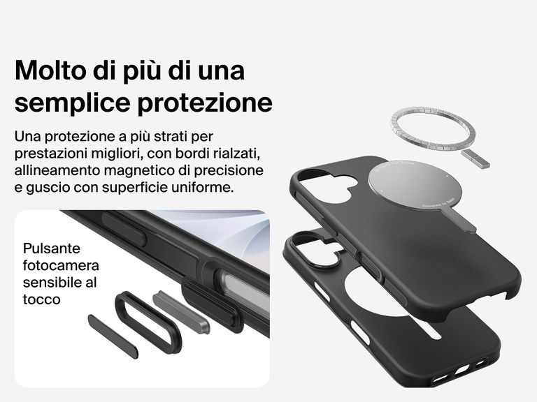 Immagine della custodia Belkin SheerForce Protect Series per iPhone 17 che evidenzia la compatibilità con MagSafe e Qi2 per un aggancio magnetico potente a caricabatterie e altri accessori.