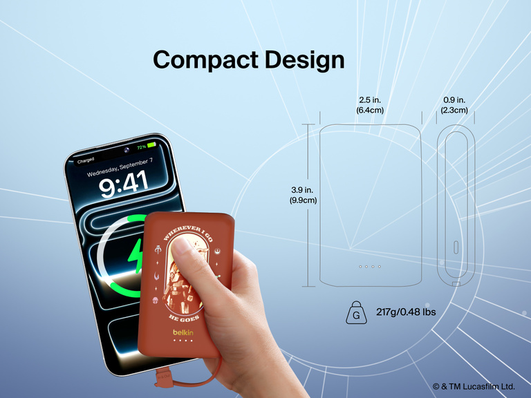 Belkin BoostCharge Power Bank 10K with Integrated Cable shown in hand with compact dimensions for easy everyday travel and portable device charging.