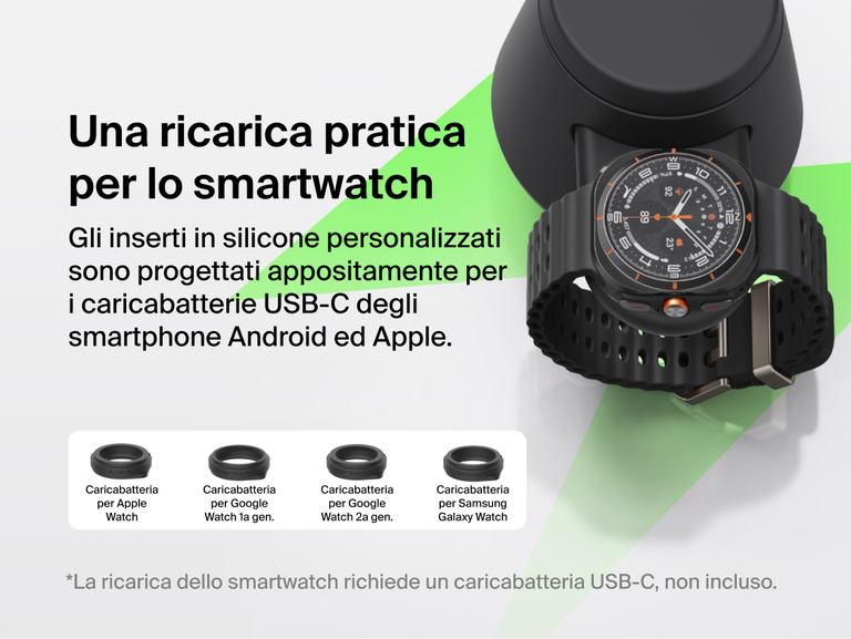 Immagine del dock di ricarica modulare con Qi2 25W Belkin UltraCharge che mostra la ricarica pratica per smartwatch con inserti intercambiabili compatibili con i caricatori USB-C per Apple Watch, Google Watch e Samsung Galaxy Watch.