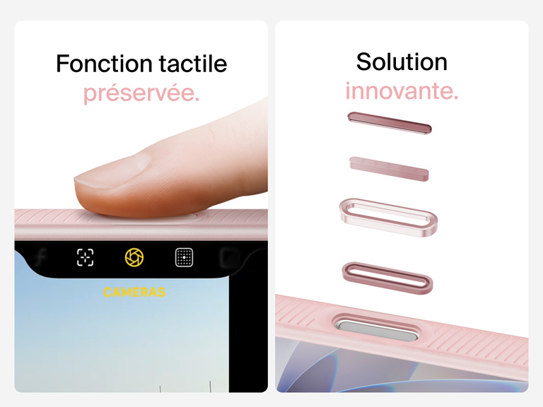 Belkin SheerForce Grip Series Case for iPhone 17 with MagSafe ring, raised edges, and floating tinted buttons for precision protection.