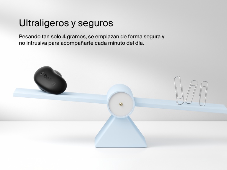 Belkin SoundForm Anywhere Wireless Earbuds shown on a balance scale highlighting ultra-light 4g weight and secure low-profile fit.
