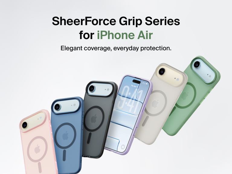 Belkin SheerForce Grip Series protective case for iPhone 17 shown in pink, clear, and black with slim design and MagSafe compatibility.
