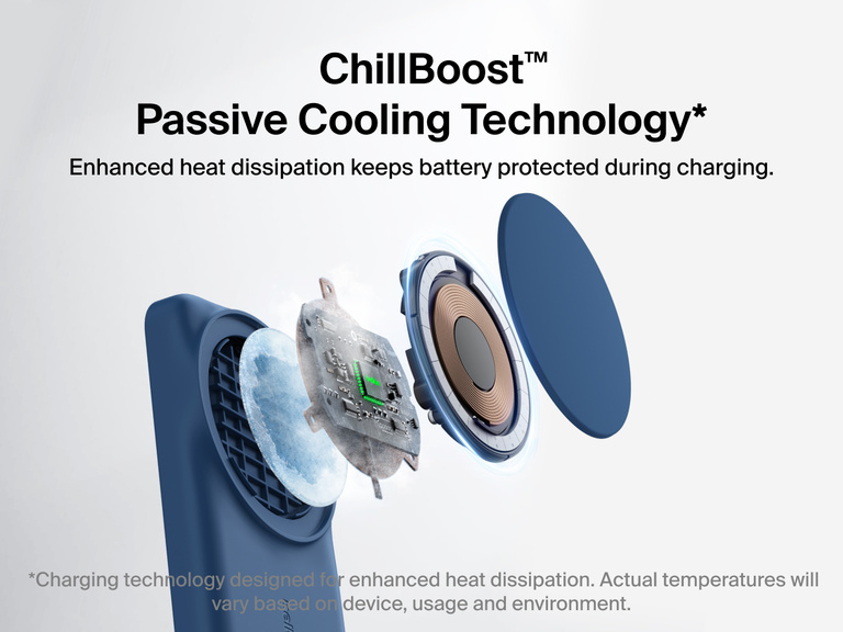 Belkin UltraCharge 3-in-1 Foldable Magnetic Charger with Qi2 25W features ChillBoost™ passive cooling technology for enhanced heat dissipation and battery protection.