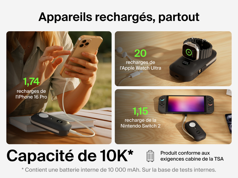 Image de la batterie externe 10K Belkin BoostCharge&nbsp;Pro avec module de recharge pour Apple&nbsp;Watch certifi&eacute;e conforme aux normes de s&eacute;curit&eacute; cabine de la TSA et capable de recharger un iPhone&nbsp;16&nbsp;Pro, une Apple&nbsp;Watch&nbsp;Ultra et une Nintendo&nbsp;Switch&nbsp;2.