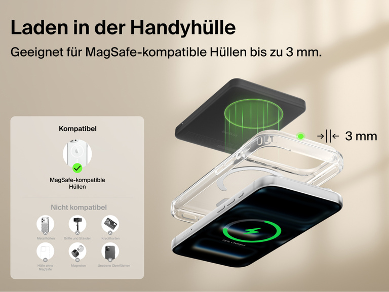 Belkin BoostCharge Slim Magnetic Power Bank 5K with Qi2 wirelessly charging a smartphone through a MagSafe-compatible case up to 3 mm thick for convenient everyday use.