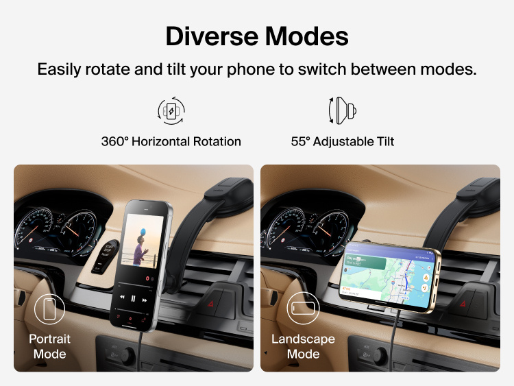Belkin BoostCharge Magnetic Wireless Charging Car Vent Mount shown supporting portrait and landscape modes with 360-degree rotation and adjustable tilt for flexible viewing.