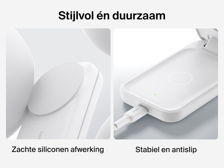 De Belkin UltraCharge 3-in-1 uitklapbare magnetische lader met Qi2 25W heeft een zachte siliconen afwerking en een stabiele antislipvoet voor duurzaam en veilig draadloos opladen.