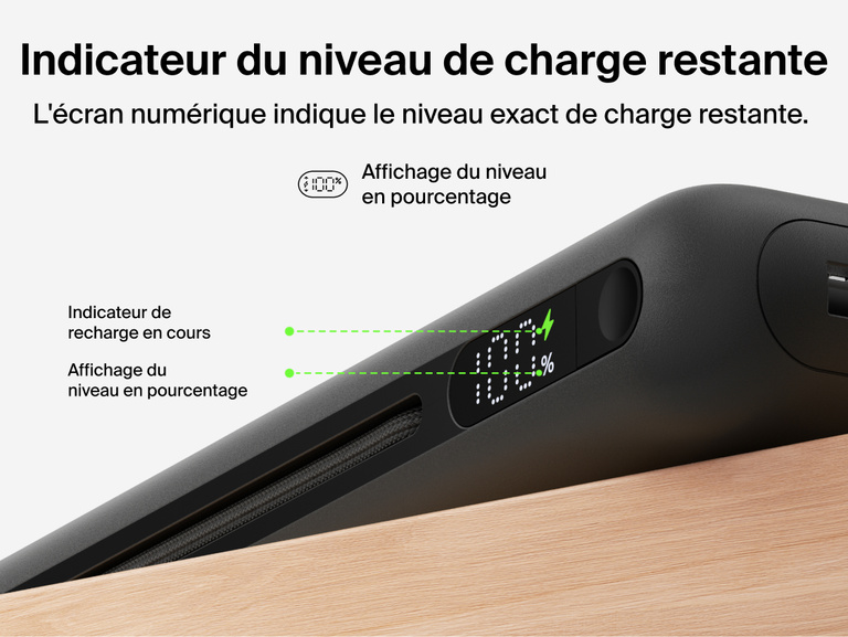 Belkin UltraCharge Pro Laptop Power Bank 25K with digital display showing real-time battery percentage and charging status for accurate power monitoring