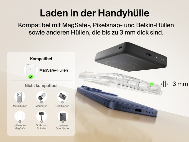 Slim Magnetic Power Bank 10K with Qi2 hovering above smartphone with case demonstrating compatibility and magnetic alignment