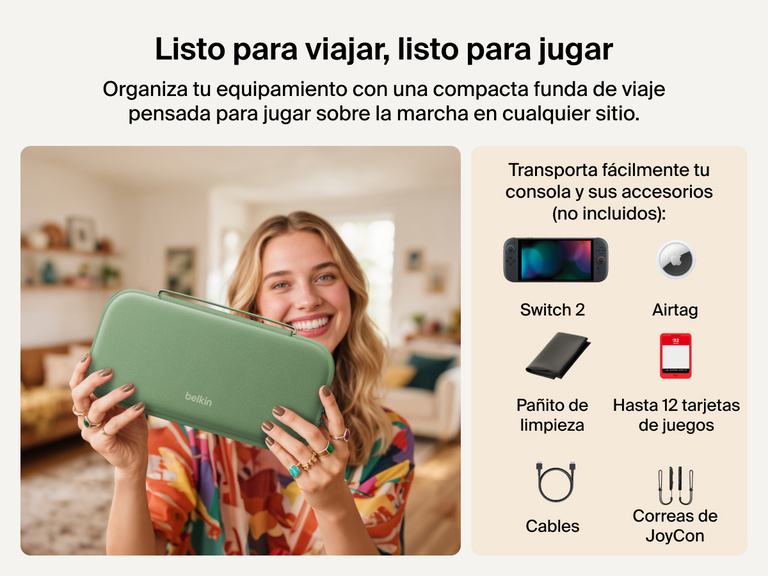 Smiling woman holds the Belkin Gaming Charging Case for Nintendo Switch 2, a compact travel case designed to carry your console and accessories like game cards, cables, JoyCon rails, and AirTag (not included).